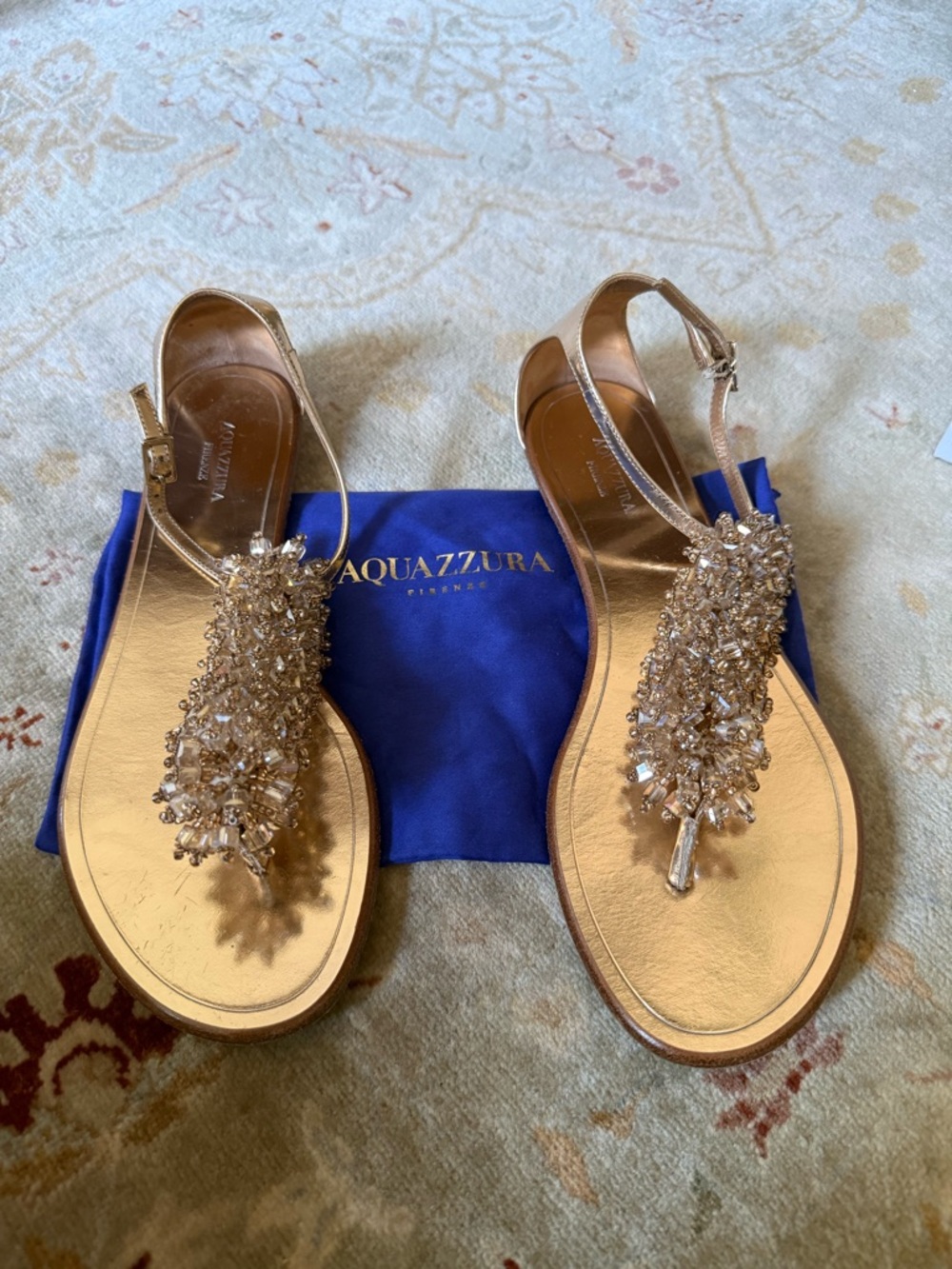 Aquazzura Metallic Gold Crystal-Embellished T-Strap Sandals